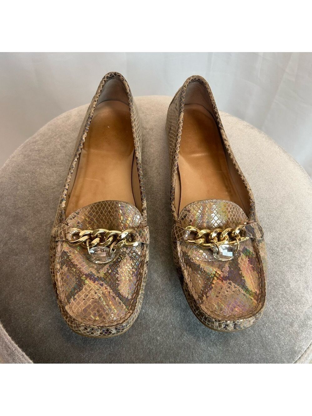 Stuart Weitzman Snake Embossed Holographic Moccasin Loafers Sz 9.5